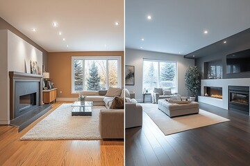  Side-by-side comparison of modern and traditional living room interiors, highlighting transformation with updated furniture, neutral colors, sleek design, large windows, and warm lighting.