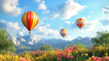Naklejka premium Colorful balloons floating in the sky on a sunny day 3d render illustration. 3D Illustration