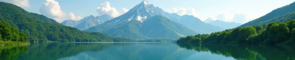 Obraz premium Mountain peak with lush greenery and serene lake, lake, calm, trees