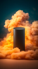 Mysterious podium stand surrounded by dramatic smoke abstract art studio setting artistic perspective visual concept