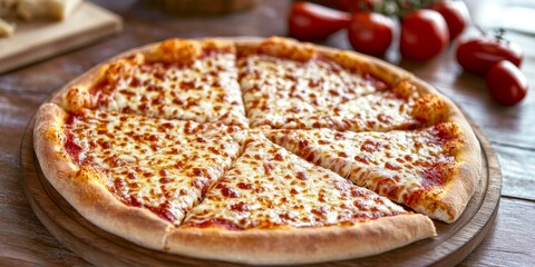 Delicious cheese pizza on a wooden board. Perfectly baked crust with gooey mozzarella. Ideal for casual gatherings or family dinners. 