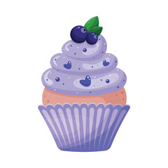 Isolated  cupcake with blueberry on white background. Muffin in blue and purple colours with berries.Element for celebration, holiday, social media, banners, advertising, bakery. Vector illustration. 