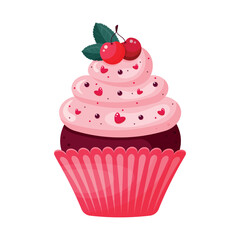 Isolated  cupcake with cherry on white background. Muffin in pink and red colours with berries. Element for celebration, holiday, social media, banners, advertising, bakery. Vector illustration. 