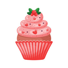 Isolated  cupcake with cranberries on white background. Muffin in pink and red colours with berries. Element for celebration, holiday, social media, banners, advertising, bakery. Vector illustration. 