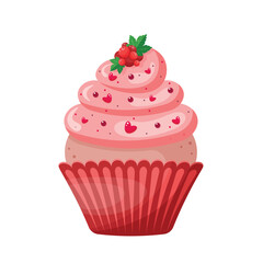 Isolated  cupcake with red currants on white background. Muffin in pink and red colours with berries. Element for celebration, holiday, social media, banners, advertising, bakery.Vector illustration. 