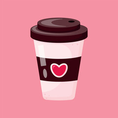 Coffee to go with heart on pink background. A paper cup of coffee. Coffee for Valentines Day design. Design for  coffeeshops, shops,  cafeterias. Vector illustration.
