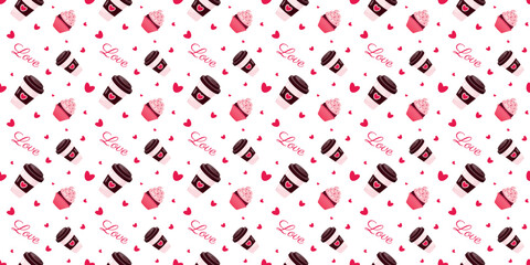 Seamless pattern with lovely coffee, capcakes, hearts and inscriptions on white background. Design for decorations, wrapping papper, packaging, wallpapper, textile. Valentines day.Vector illustration.