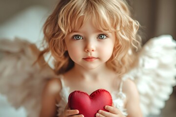 Angelic child holding a red heart plush