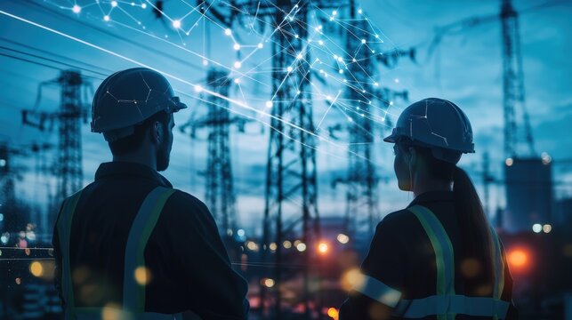 A team of energy professionals working on a smart grid energy distribution system, using real-time data and AI tools to ensure efficient energy distribution throughout the city