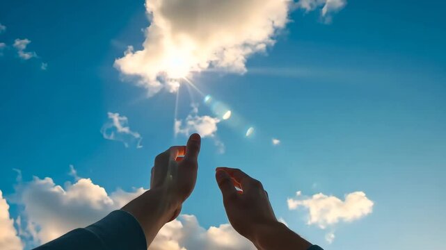 Hands, sky and sun with clouds for hope and freedom. Reaching, sunlight and weather with blue sky for inspiration. Nature, faith and spirituality concept