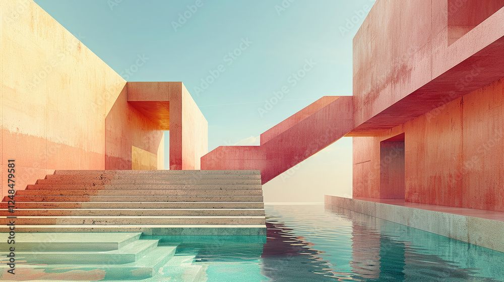 Aufkleber serene architectural scene featuring colorful geometric structures, steps, and water reflections. vibrant hues create tranquil atmosphere, inviting exploration and creativity