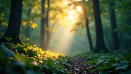 Obraz premium Blurred light streaks through foliage, deep shadows below, still, dreamy, woodland