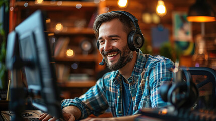 Obraz premium smiling man wearing headphones while podcasting in cozy workspace, surrounded by warm lighting and books. His joyful expression reflects his passion for audio content creation