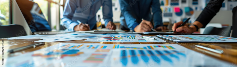 Aufkleber team of professionals collaborating on business reports and charts in modern office setting, showcasing teamwork and analysis