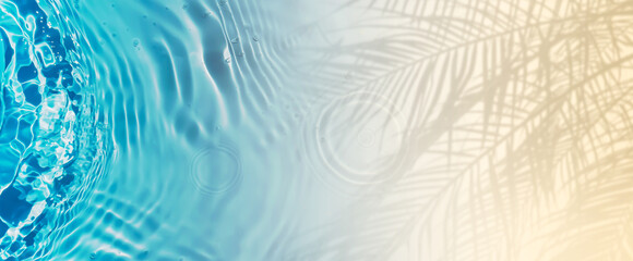 abstract sand beach from above with blue transparent water wave and palm leaf shadow, beautiful nature scene background banner with copy space for travel destination, vacation and body care