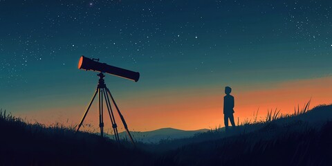 Naklejka premium Stargazing at Sunset: Observing Celestial Wonders with a Telescope on a Hilltop, Peaceful Night Sky Exploration