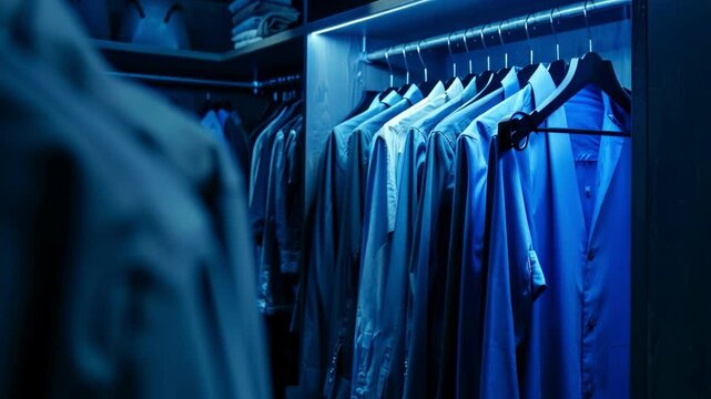 A video looking at neatly hung items in a cupboard, illuminated by soft blue light, is suitable for advertising home appliances and storage organisation.
