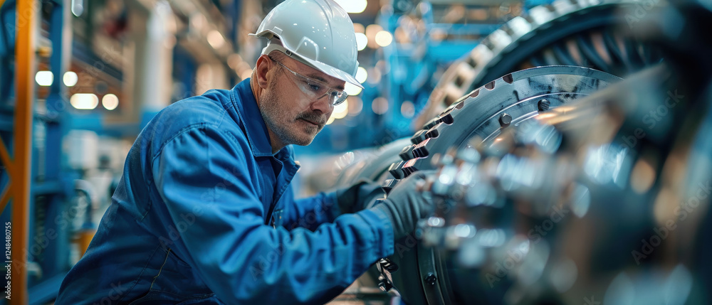 Poster worker in hard hat and gloves inspects machinery in factory, showcasing dedication and precision in 
