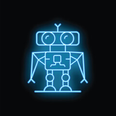 Blue neon sign of a retro robot standing with arms at its sides