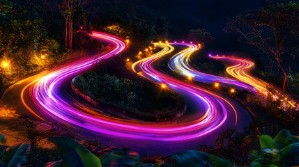 Winding mountain road at night, light trails