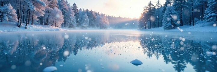 Fototapeta premium Snowflakes gently falling on frozen lake's surface, serenity, forest, frozen