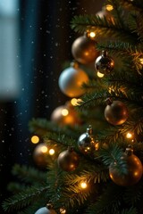 Twinkling lights and gold ornaments on a Christmas tree, Christmas tree, Twinkle lights