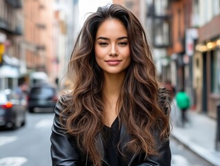 Obraz premium A woman in a black leather jacket standing on a city street