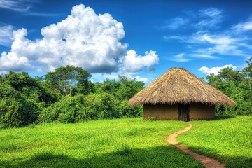 Thatched Hut in Lush Greenery Under a Blue Sky with Puffy Clouds: A Serene Tropical Landscape