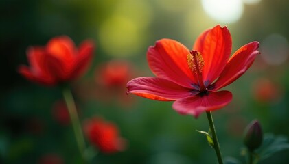 Fototapeta premium Un fiore rosso aperto con una farfalla che vola via, colores, insetti