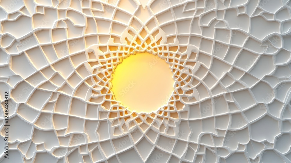 Poster intricate white geometric pattern design with central yellow circle