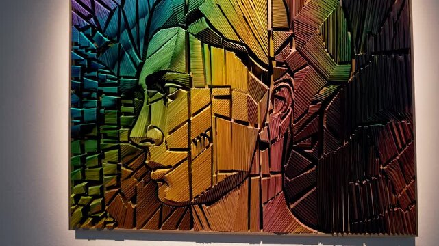 A surreal portrait of a woman's face fragmented into geometric wooden panels, r