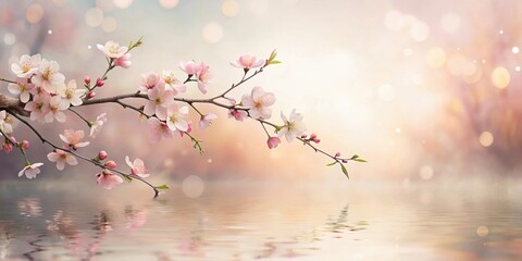 Fototapeta premium Serene Blossom Branch Reflected in Calm Water, a Peaceful Springtime Scene