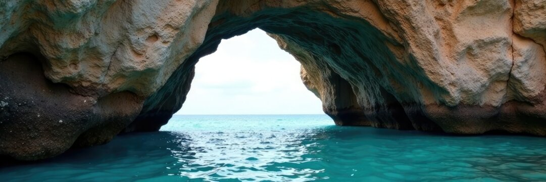 Arco de piedra enfocado en la base con agua turquesa, agua, onda