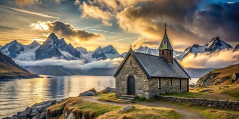Fototapeta premium Serene Stone Chapel at Golden Hour, Nestled Amongst Majestic Peaks and Tranquil Waters