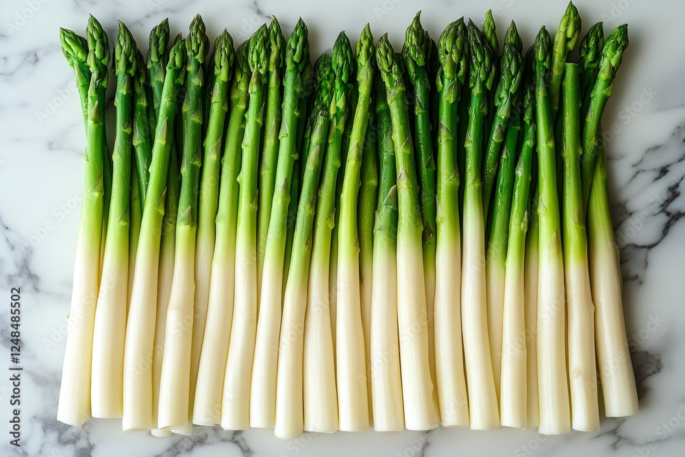 Wall mural Fresh green and white asparagus spears on marble surface