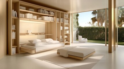 A modern small-space living room with multifunctional furniture.