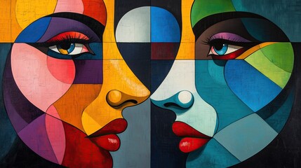 Modern abstract portrait with fragmented faces dissolving into flowing organic shapes, a fusion of surrealism and fluid design