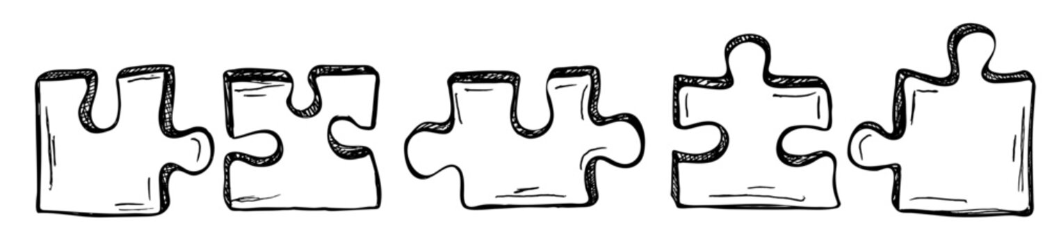 Pieces of puzzle. Puzzle grid with 5 pieces in a row. Collection of hand drawn elements. Vector illustration
