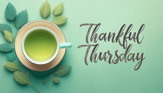 Generated image A minimalistic image of a cup of green tea with 'Thankful Thursday Vibes' written