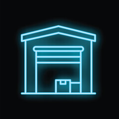 Neon glowing blue warehouse building with cardboard boxes inside and closed rolling shutter door over black background