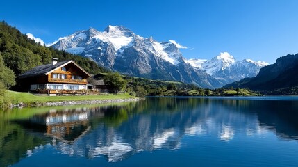 Fototapeta premium A house sitting on the shore of a lake with mountains in the background