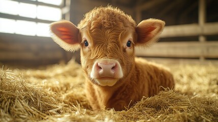 Fototapeta premium Cute brown calf resting on straw in a rustic barn during daylight hours