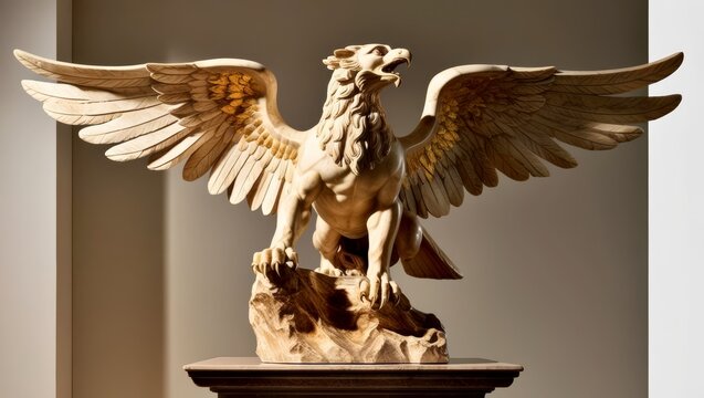 Majestic Griffin Sculpture: A Powerful Mythical Creature with Eagle Wings and Lion Body, Carved from White Marble, Classic Artistic Style. Renaissance. 1