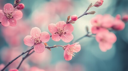 Pink cherry blossoms blooming on branches against a soft blue background