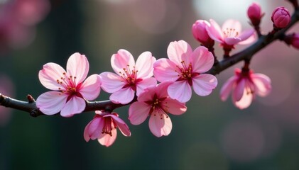 Obraz premium Delicate pink flowers unfolding on a dark branch, spring, blooming, pink tree