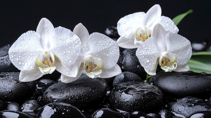 Fototapeta premium Serene White Orchids on Black Stones: A Zen Spa Photography