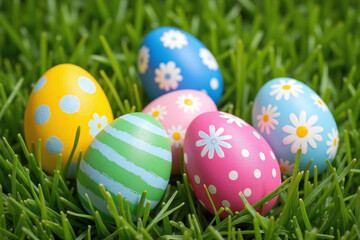 five decorated Easter eggs with hand painted designs on grass