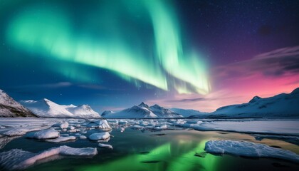 Naklejka premium A dazzling view of the Northern Lights dancing across the Arctic sky, reflecting on the icy landscape below. The vibrant colors create a magical and serene atmosphere in the frozen wilderness.