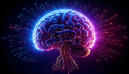 Digital glowing brain with neural connections and light effects. Futuristic 3D illustration on a dark gradient background.