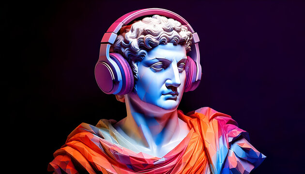 Classical sculpture head wearing pink headphones and multicolored geometric drapery. Modern digital art on a dark gradient background. - Powered by Adobe